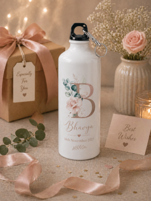 Personalized Birthday Water Bottle 600 ml White Aluminium Bottle with Custom Name Printing and Floral Design