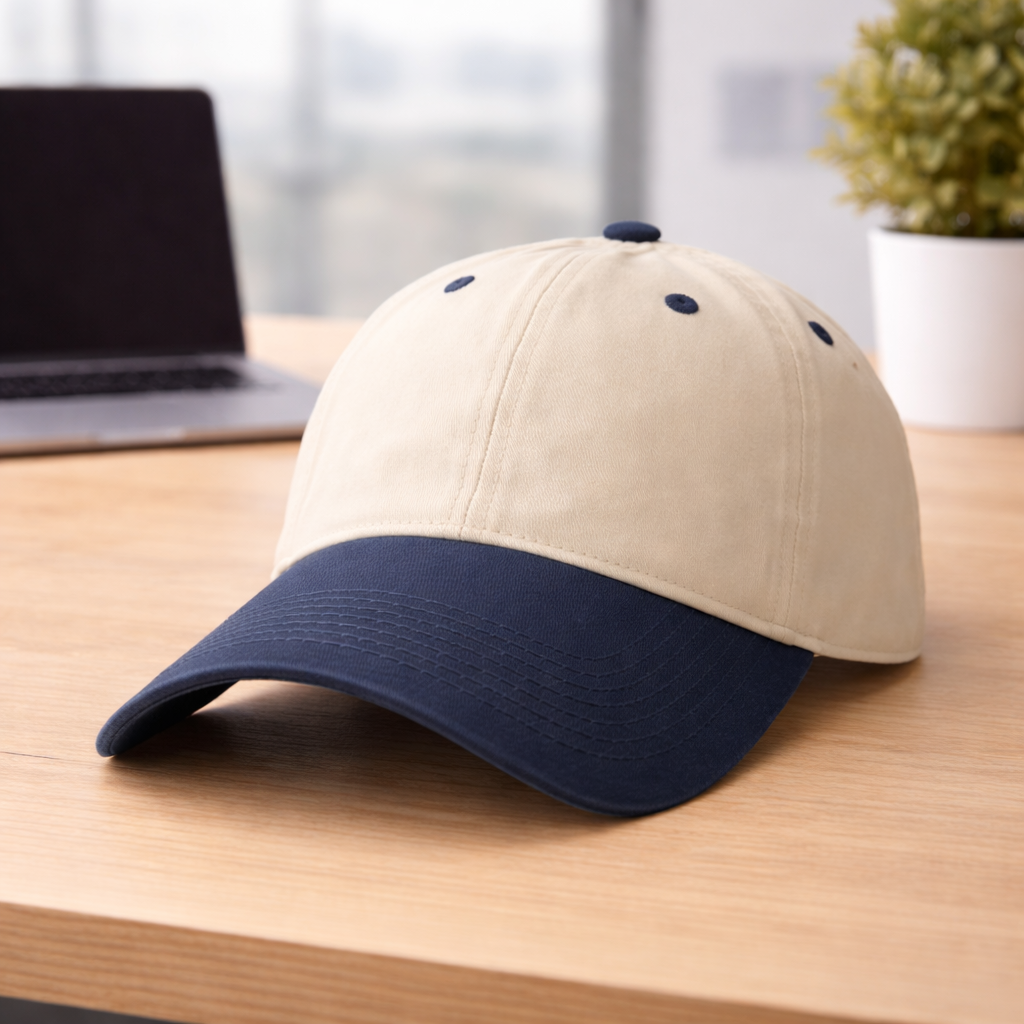 Beige Navy Blue Brushed Cotton Cap – Premium 100% Cotton Six Panel Cap - Image 2