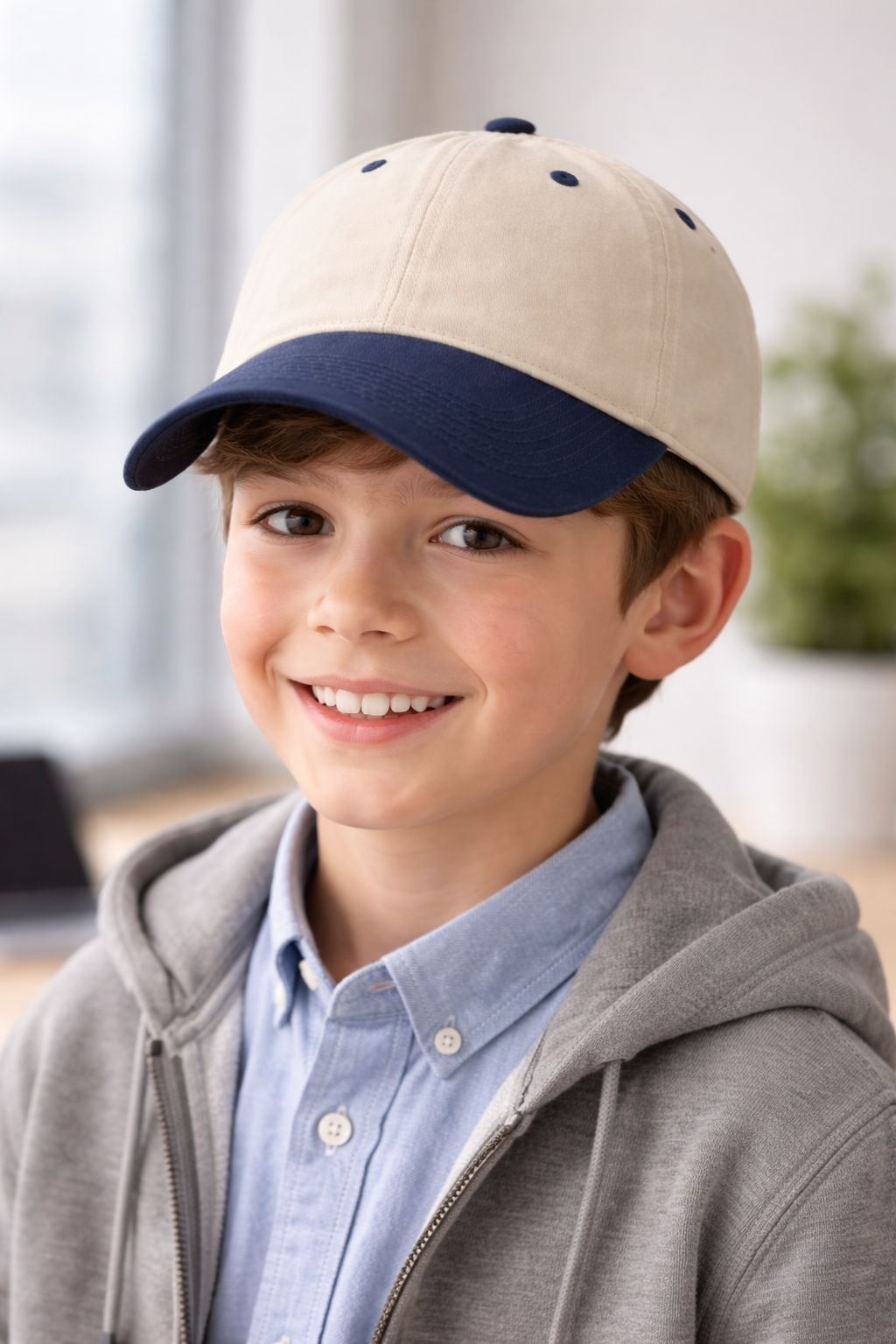 Beige Navy Blue Brushed Cotton Cap – Premium 100% Cotton Six Panel Cap - Image 3