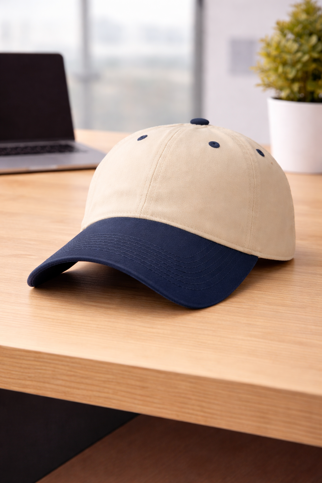 Beige Navy Blue Brushed Cotton Cap