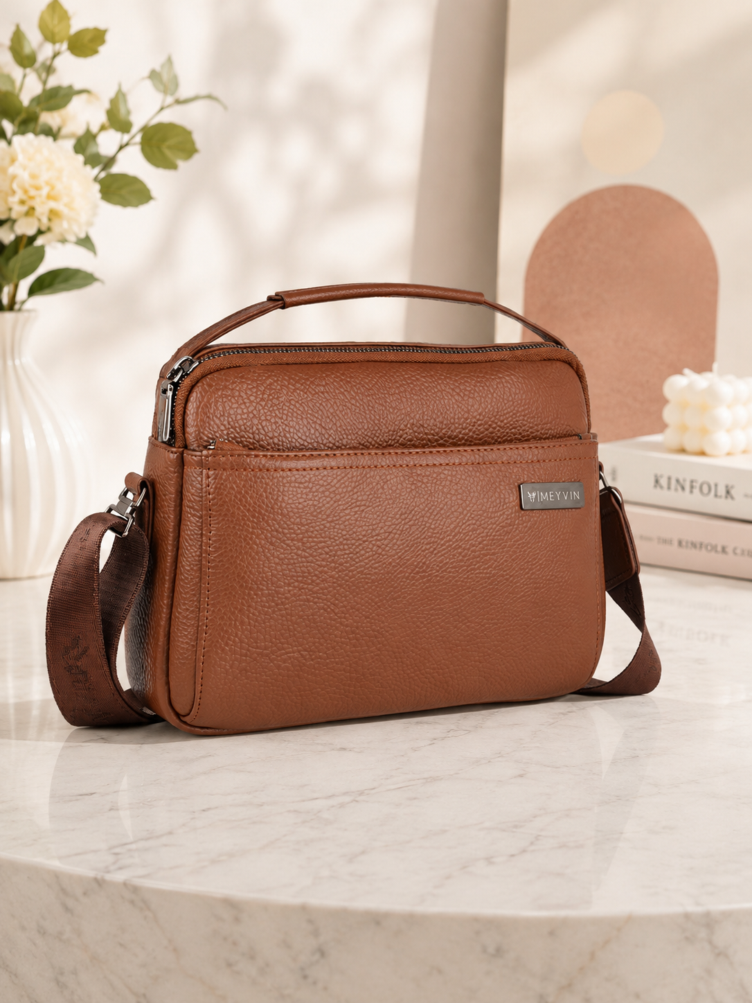 Brown Ladies Sling Bag with Adjustable Shoulder Strap