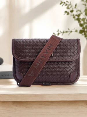Brown Leatherette Ladies Sling Bag with Woven Design