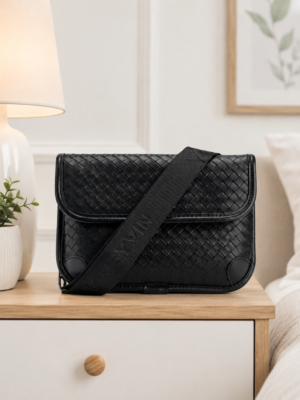 Black Leatherette Ladies Sling Bag with Woven Design