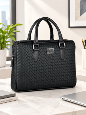 Black Woven Look PU Laptop Bag for Men and Women