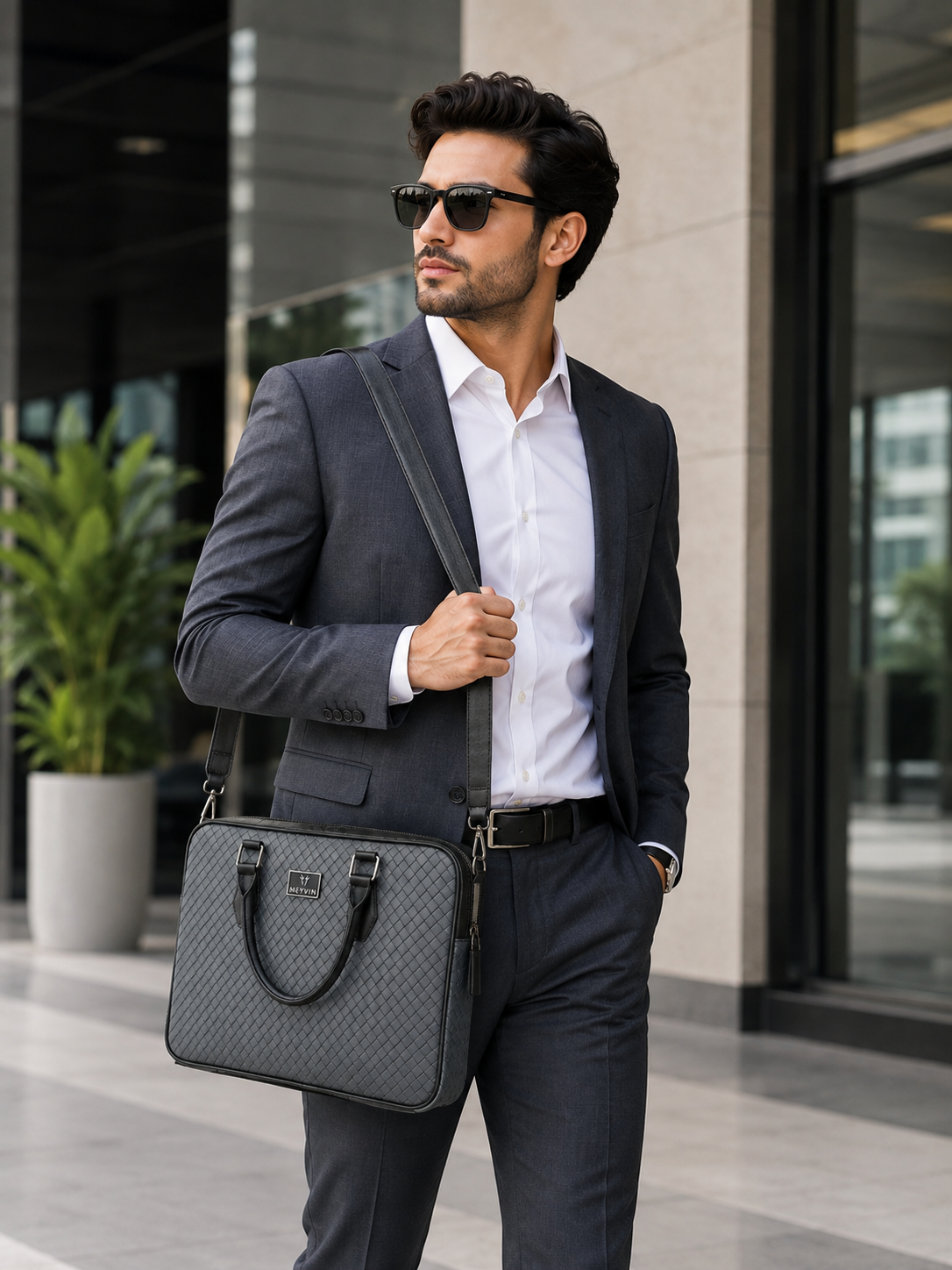 Premium Grey Woven Look PU Laptop Bag – Unisex Executive Office Bag - Image 2