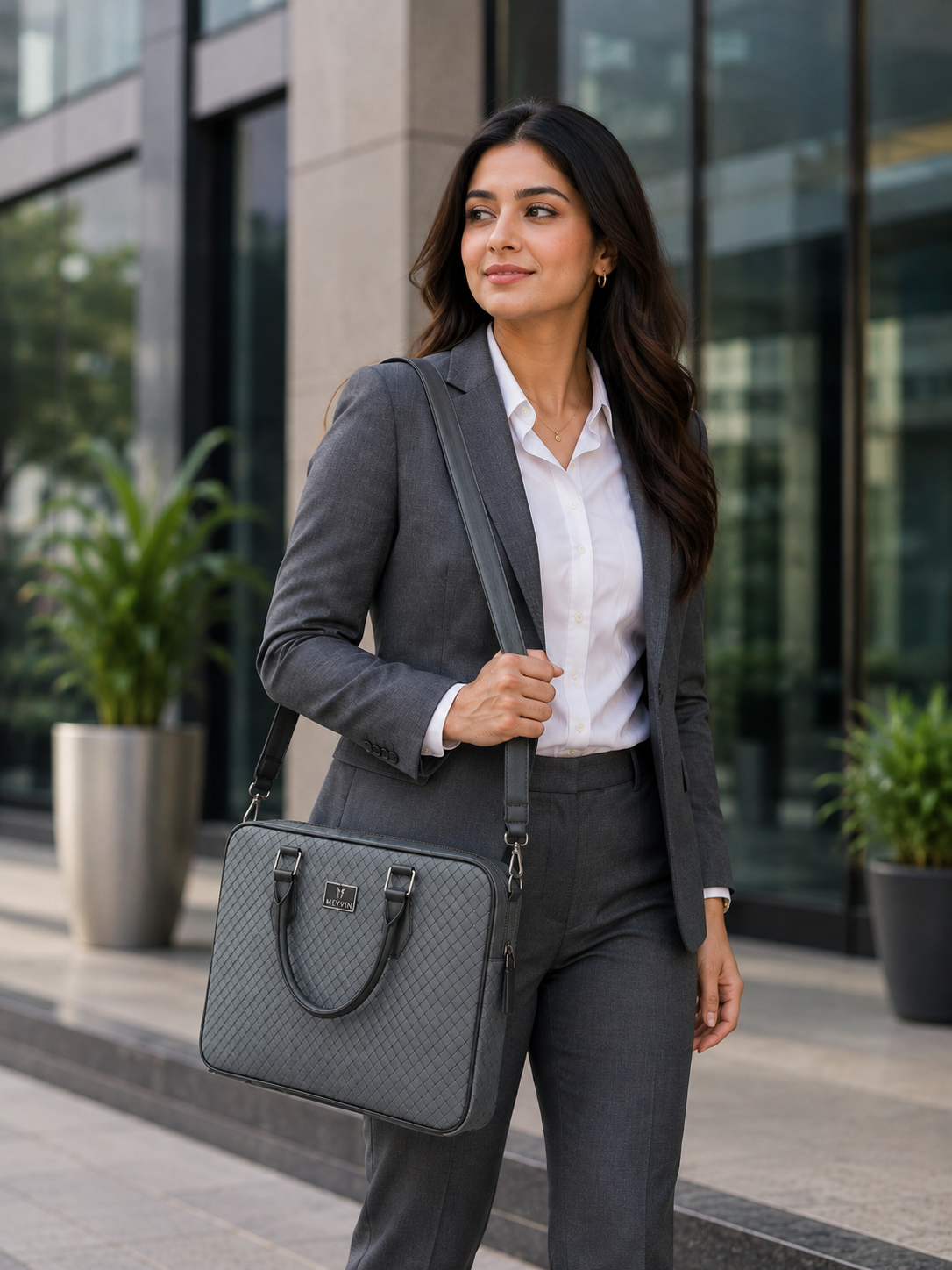 Grey Woven Look PU Laptop Bag for Men and Women