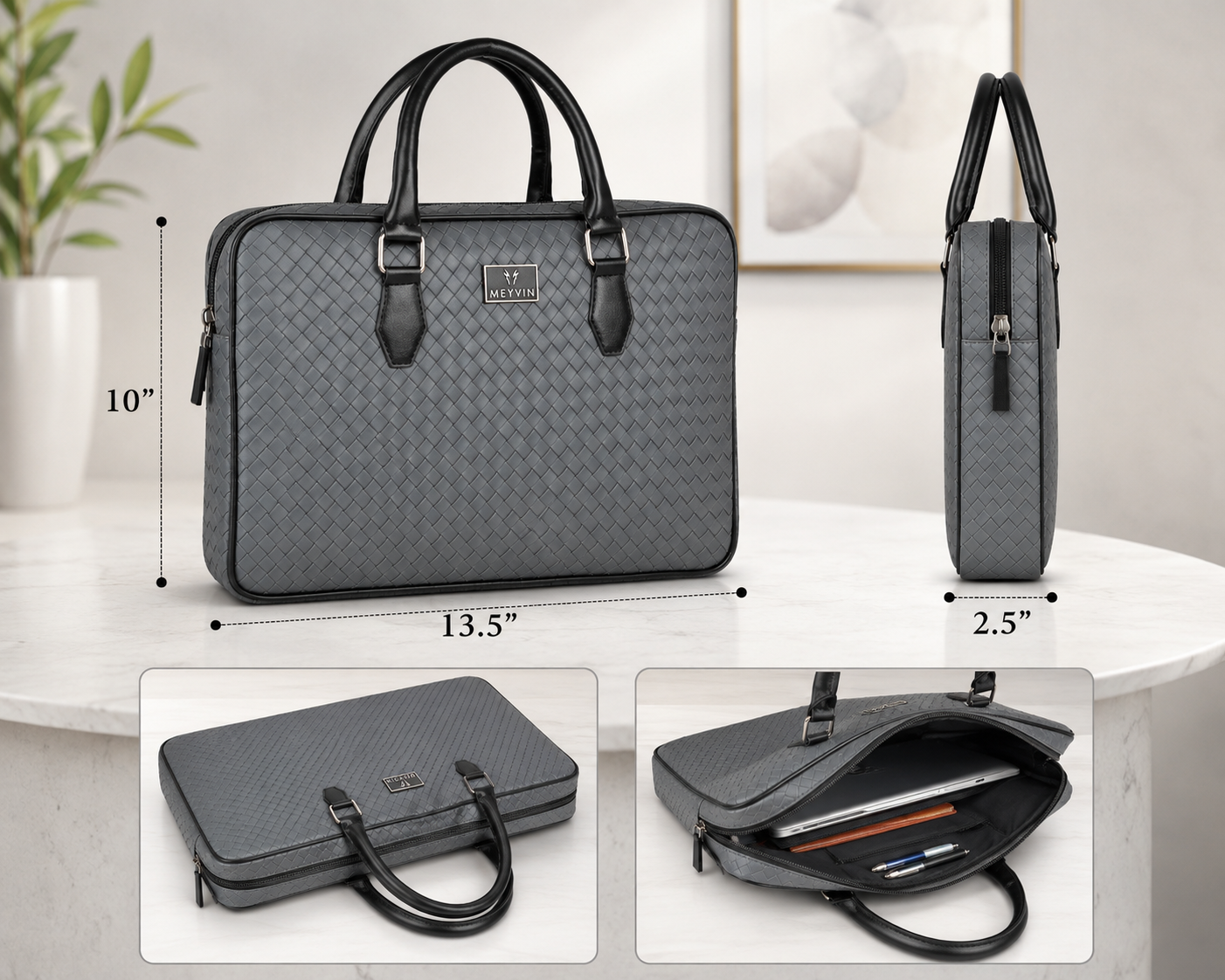 Grey Woven Look PU Laptop Bag 13.5 x 10 x 2.5 Inches