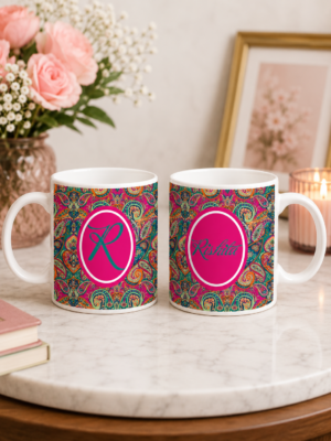 Personalized paisley initial stoneware mug with custom name printing