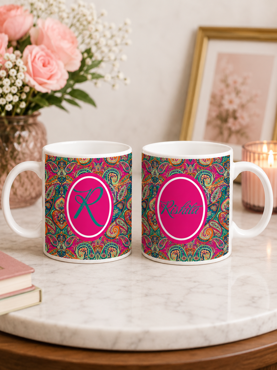 Personalized paisley initial stoneware mug with custom name printing