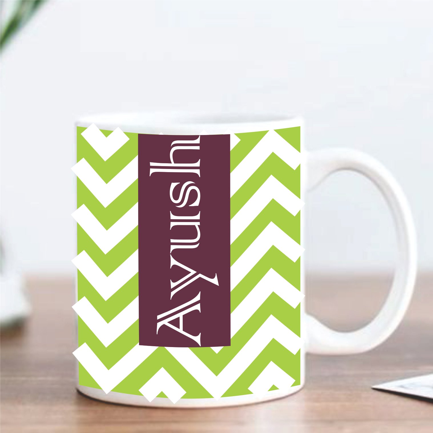 Personalized Green Chevron Stoneware Mug with Name