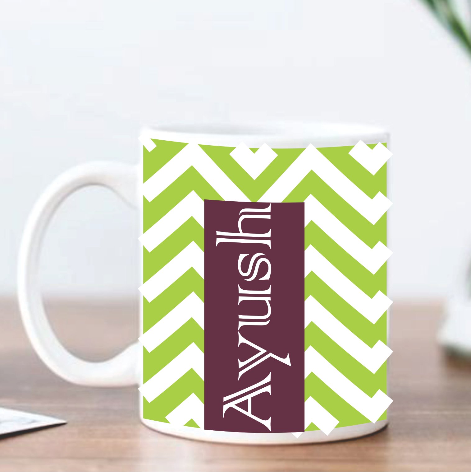 Personalized Green Chevron Stoneware Mug with Name