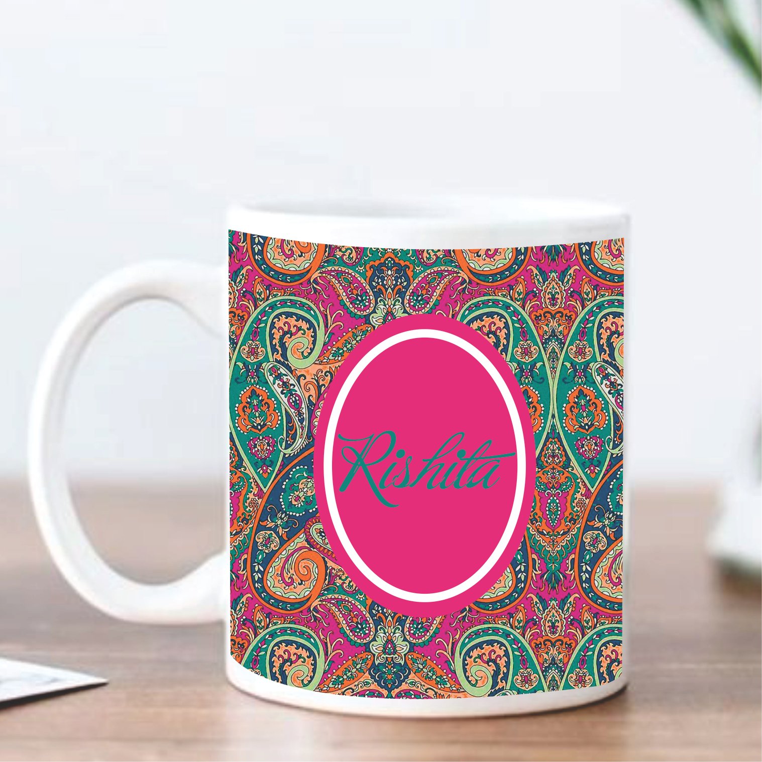 Personalized paisley initial stoneware mug with custom name printing