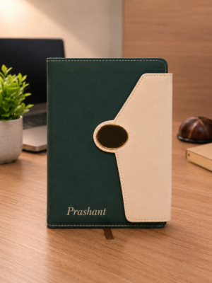 Personalized Green and Ivory Executive A5 Notebook with magnetic flap closure and custom name