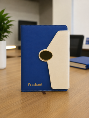 Personalized royal blue and ivory A5 notebook with magnetic flap closure and custom name