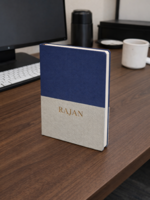 Personalized A5 Royal Blue and Beige Executive Notebook with custom name engraving