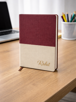 Personalized A5 Maroon and Beige Executive Notebook with custom name engraving