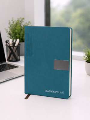 Personalized Teal Blue Executive A5 Notebook with metal accent plate and custom name
