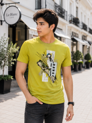 Yellow Cotton Graphic Printed T-Shirt for Men