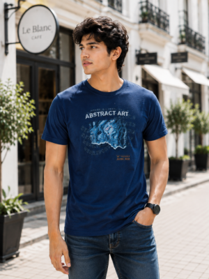 Navy Blue Cotton Graphic Printed T-Shirt for Men
