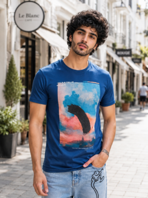 Blue Abstract Print T-Shirt for Men in 100% Cotton