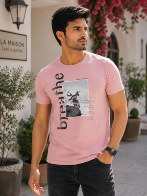Pink Printed T-Shirt for Men in 100% Cotton