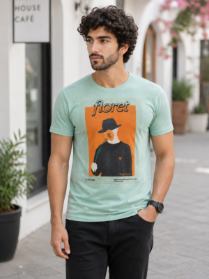 Mint Green Printed T-Shirt for Men in 100% Cotton