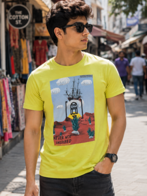 Yellow Printed T-Shirt for Men in 100% Cotton