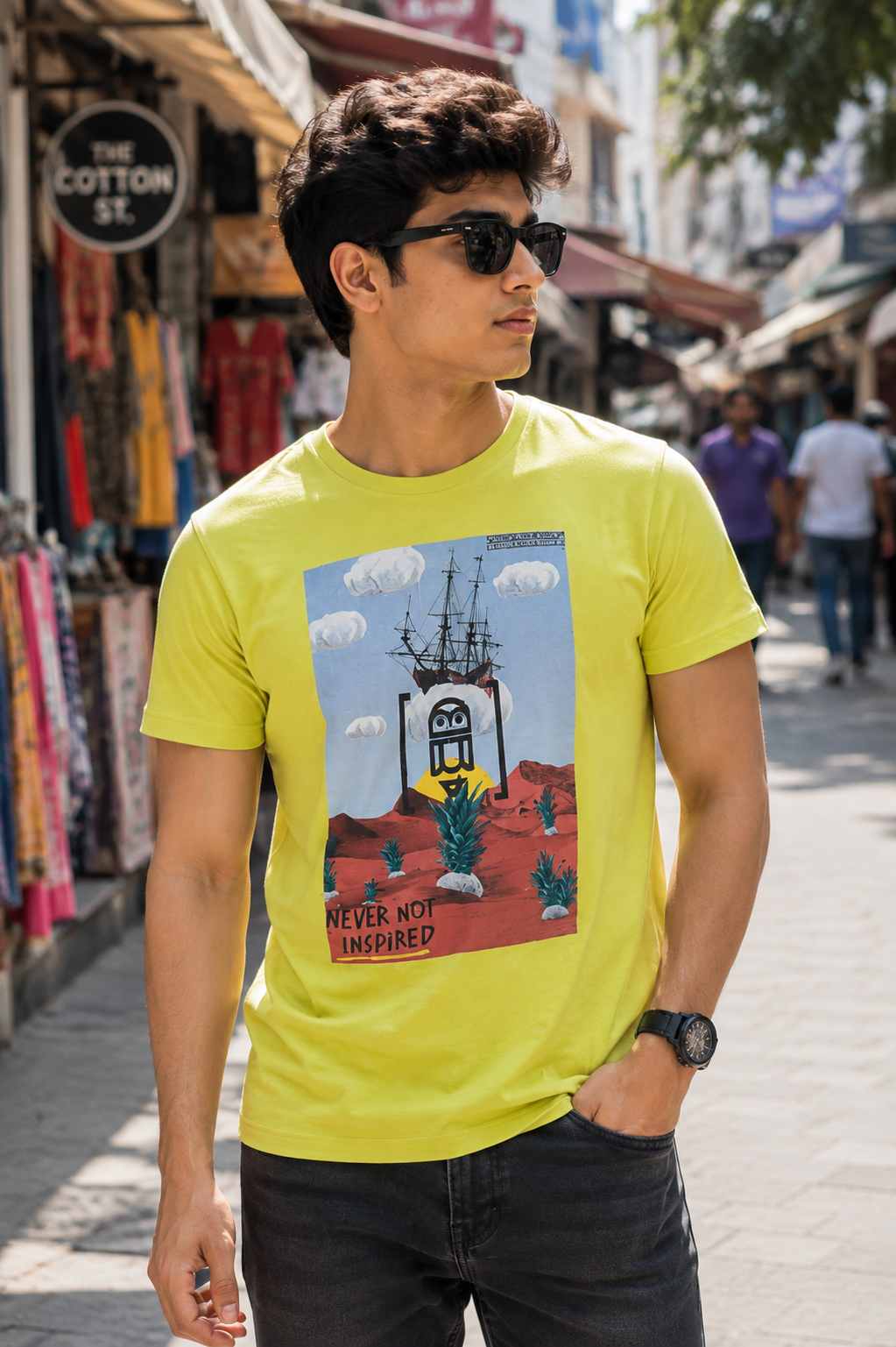 Yellow Printed T-Shirt for Men in 100% Cotton