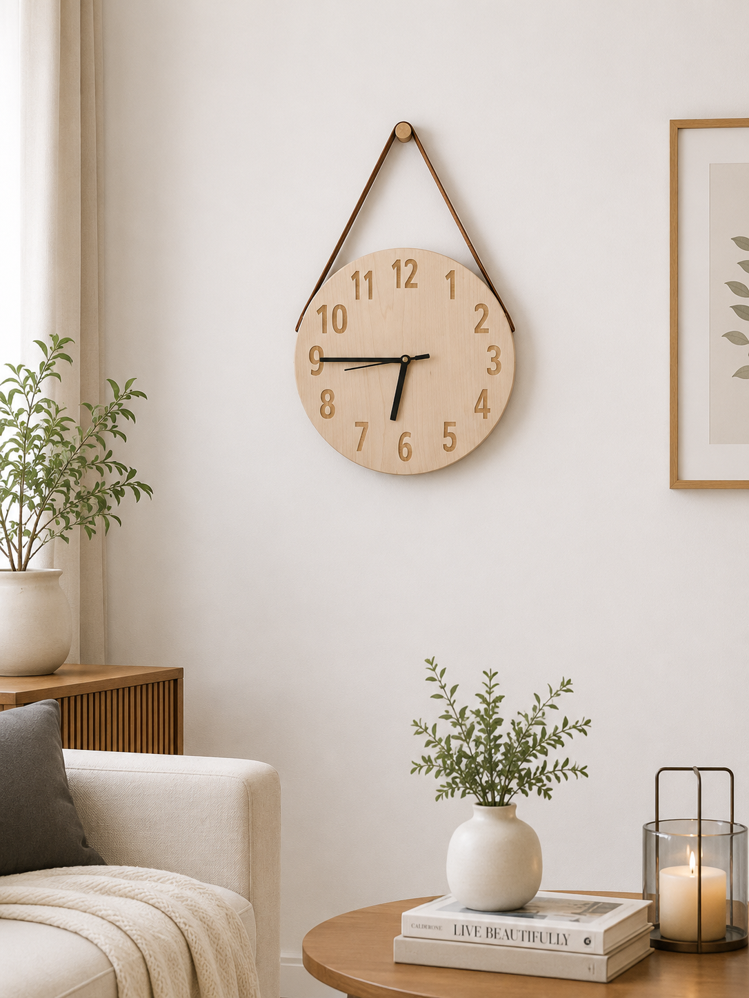 Personalized Wooden Wall Clock with Leatherite Hanging Strap - Image 2