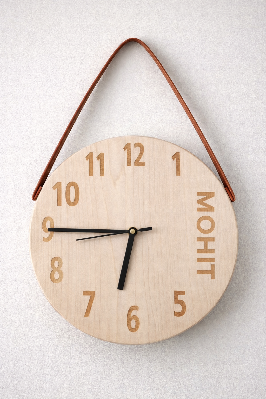 Personalized Wooden Wall Clock with Leatherite Hanging Strap