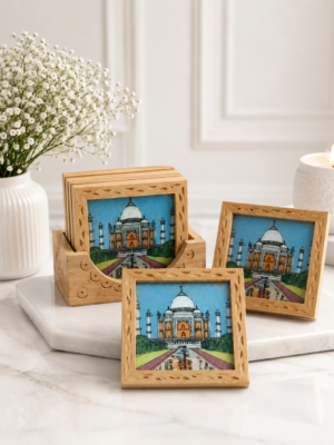 Taj Mahal Gemstone Photo Wooden Coaster Set of 6 with Holder