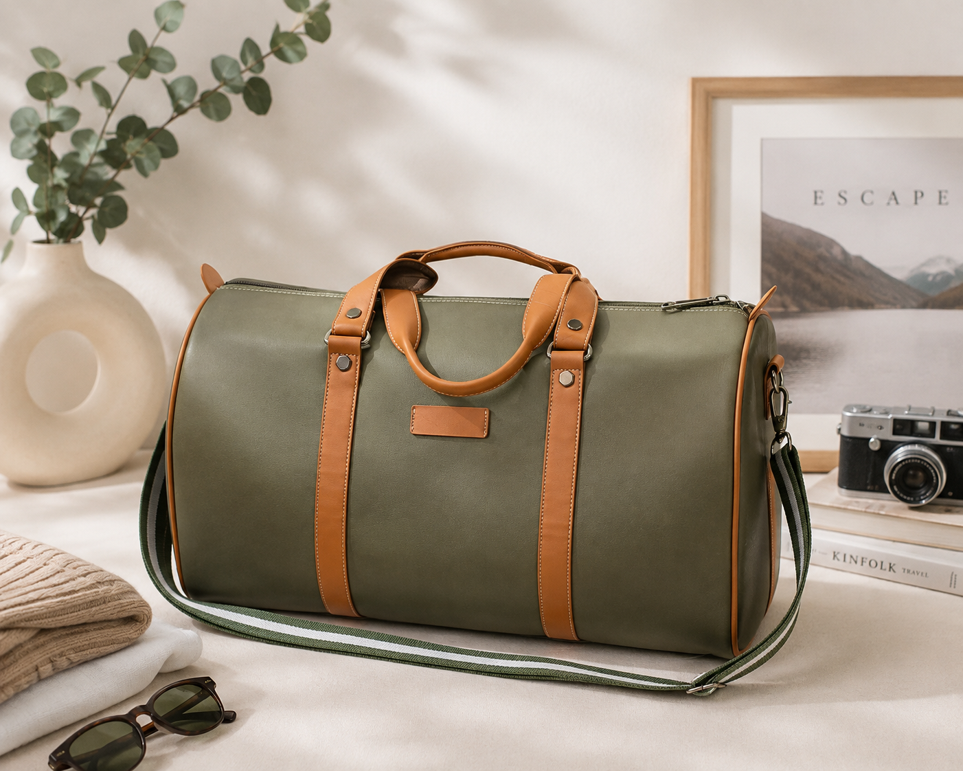 Premium Vegan Leather Duffel Bag in Olive Green – DB1