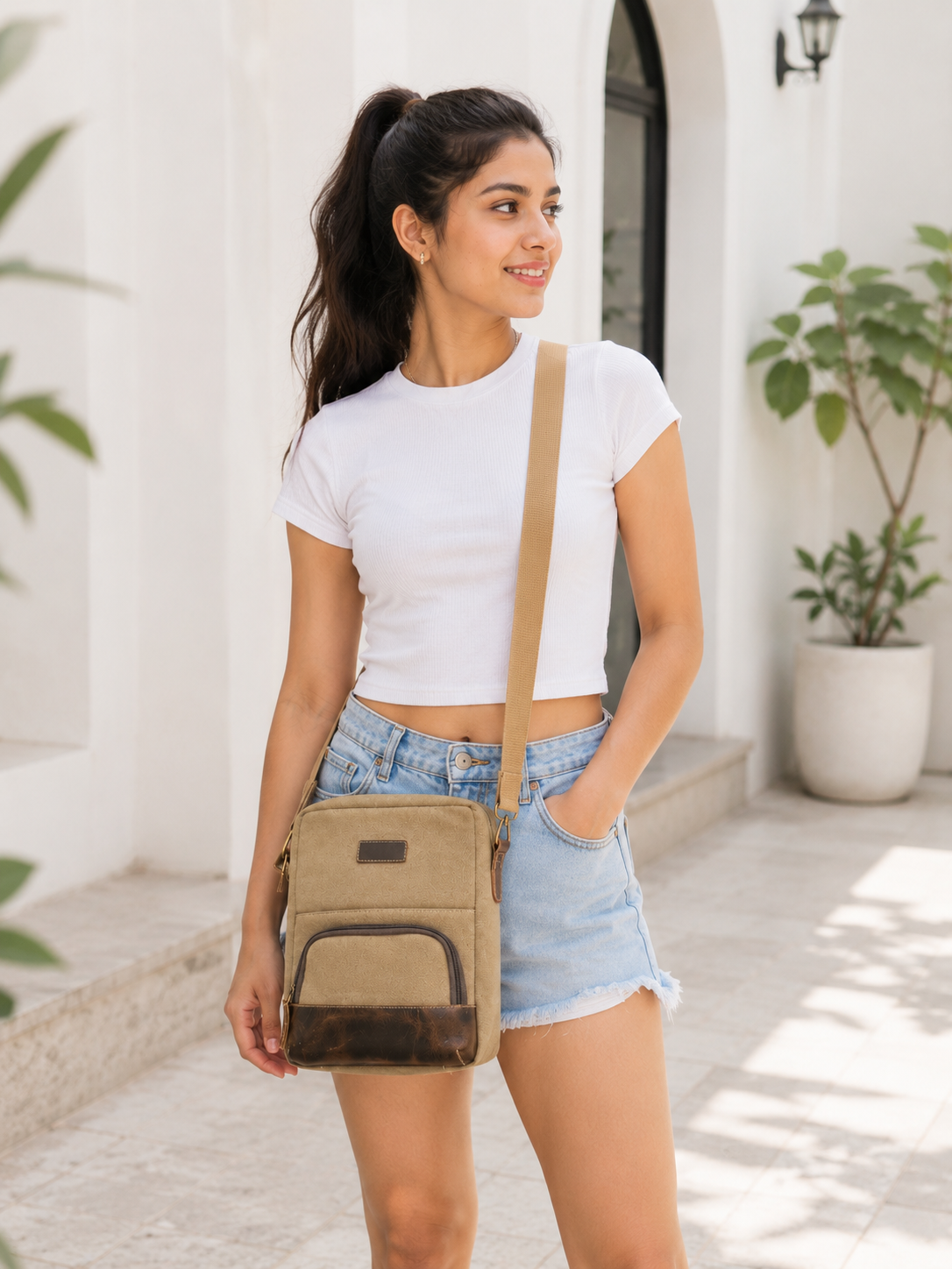 Classic Canvas Side Bag with Leather-Look Accents - Image 3