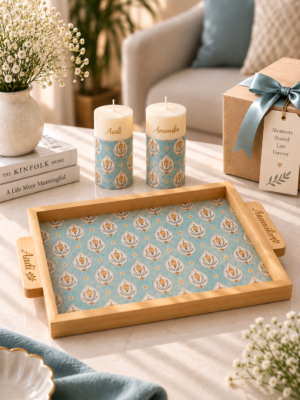 Aqua Blue Personalized Wooden Tray Candle Gift Set