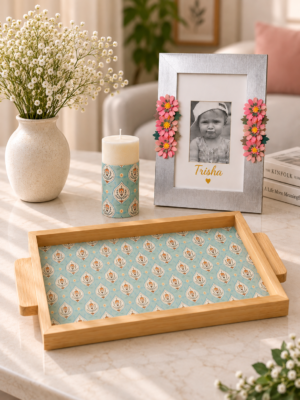 Personalized Wooden Tray Photo Frame Candle Gift Set