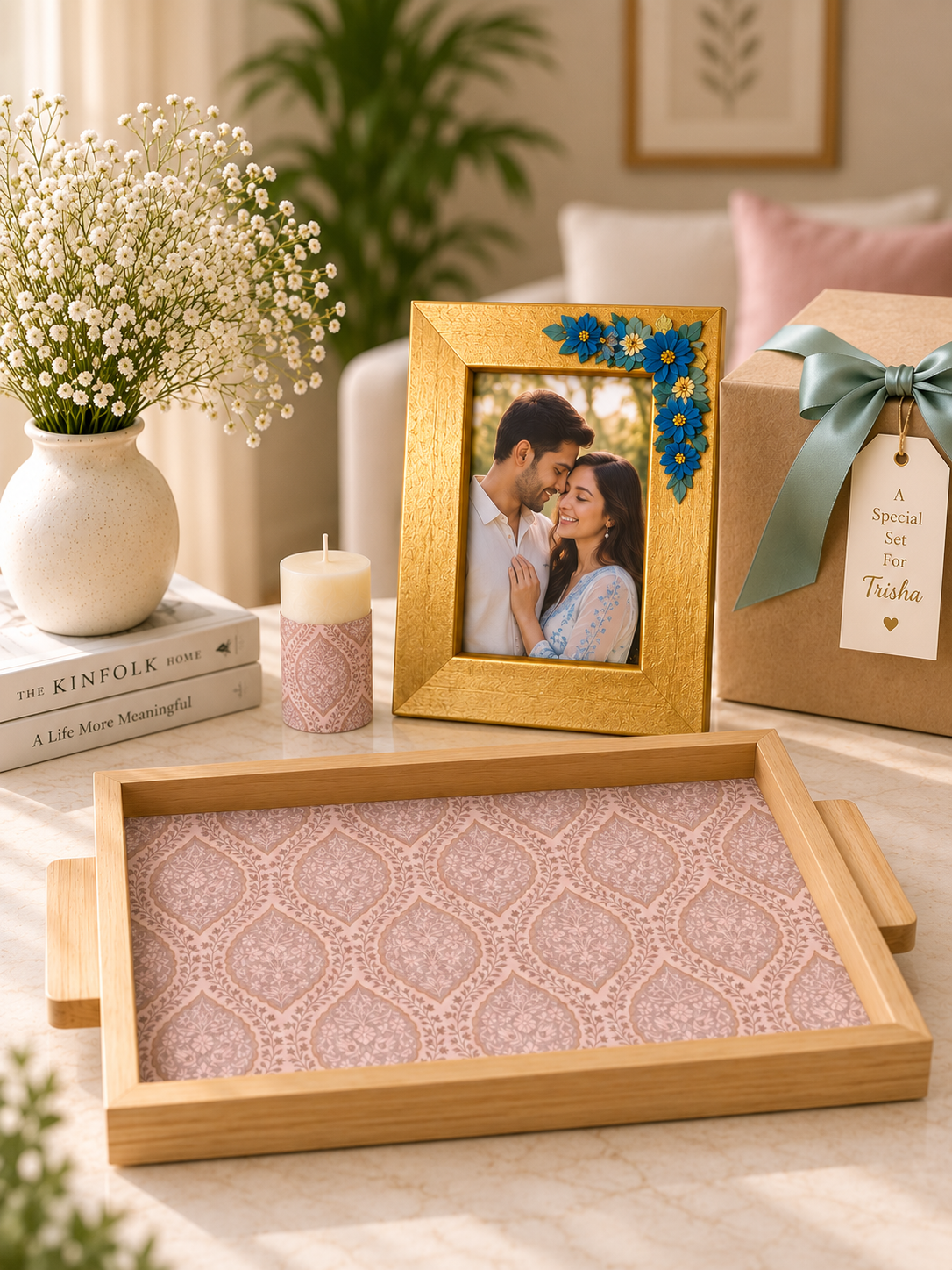 Golden Wooden Tray Photo Frame Candle Gift Set