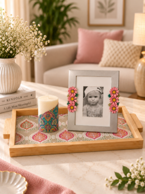 Floral Wooden Tray Photo Frame Candle Gift Set