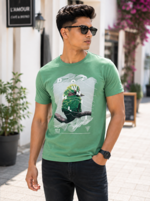 Printed Round Neck T-Shirt for Men Green Bird Graphic